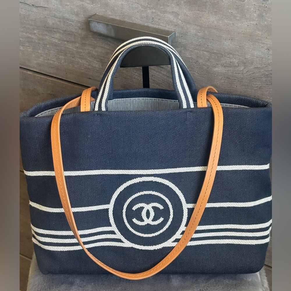 💙Chanel Blue Striped Large Denim Shopper Tote💙